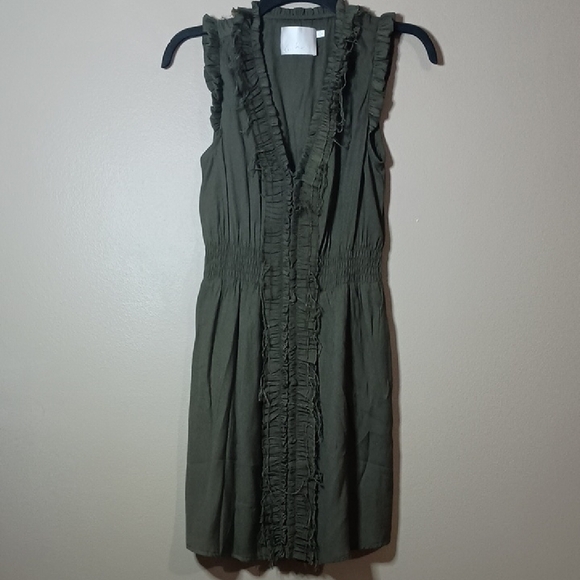 Lush Bamboo & Polyester Olive Midi Dress with Frayed Ruffle Detail - Picture 1 of 7